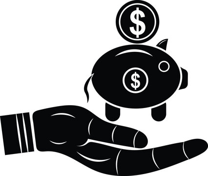 Human hand holding a piggy bank with dollar coins symbolizing financial savings growth icon