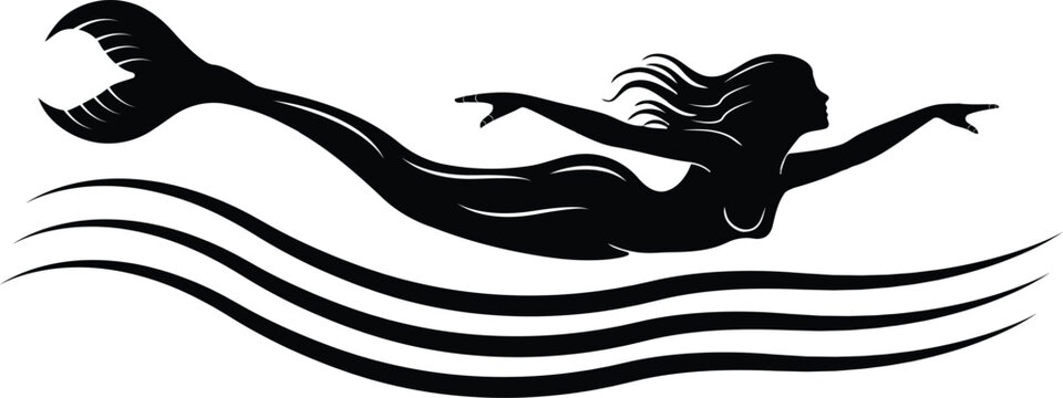 Graceful mermaid silhouette swimming through ocean waves vector illustration isolated on white background for marine design