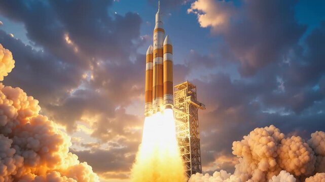 Space launch vehicle igniting engines on launchpad at sunset. Heavy-lift rocket liftoff with massive smoke clouds. Tilt up wide shot.