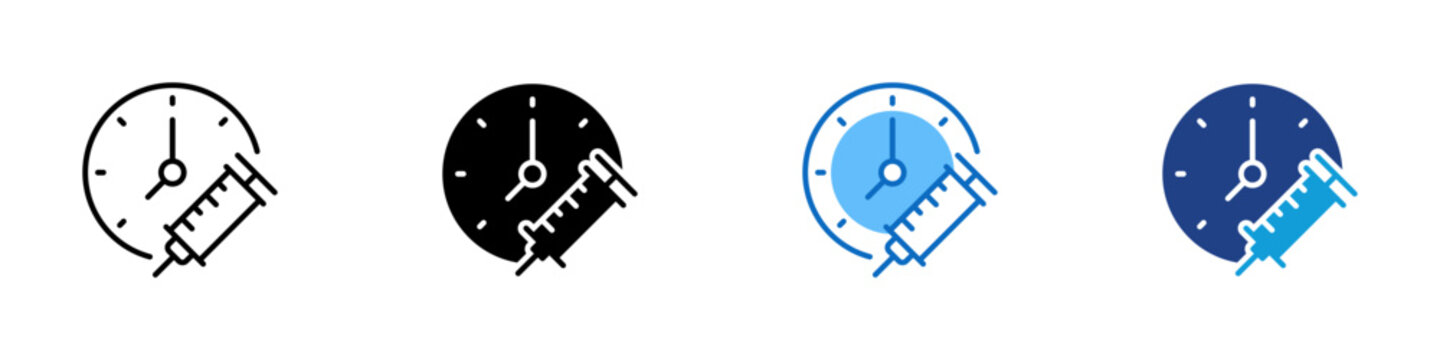 Vaccination Schedule Multiple Style Icon Design Vector - Clock with syringe representing immunization timing, vaccination planning, and medical appointment scheduling