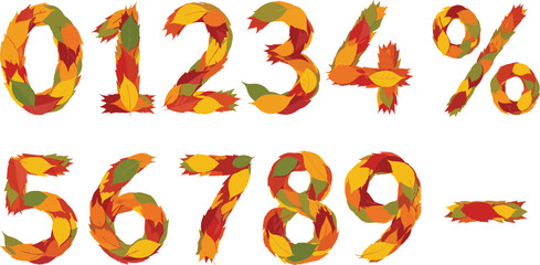 Naklejka premium Vector Illustration of Fall-Themed Numbers and Symbols Made from Colorful Autumn Leaves for Seasonal Designs