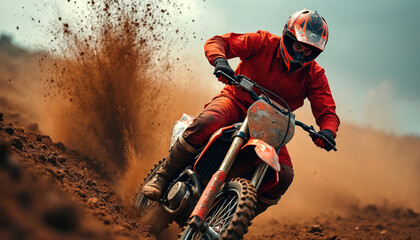 Naklejka premium Motocross rider in red gear kicks up dirt on muddy track. Athlete races dirt bike fast, leaning hard into turn. Extreme sport competition, off road racing adventure, dynamic action.