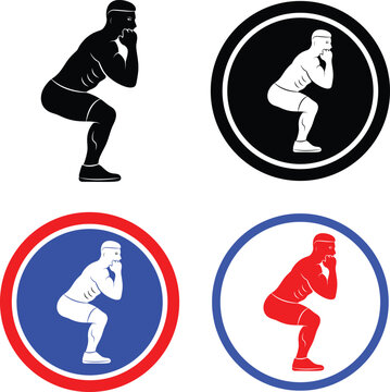 Set athletic man performing squats icons in various colors and circular frames for fitness and gym icon design