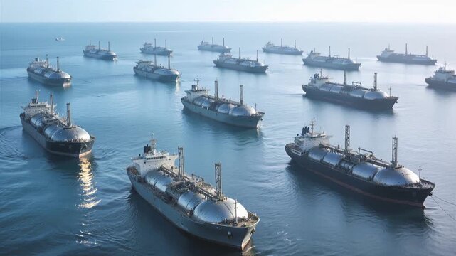 Fleet of LNG tankers anchored in calm sea. Global energy supply and maritime logistics concept. High angle tilting shot.