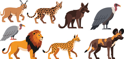 Obraz premium African Wildlife Collection Featuring Lion, Leopard, Hyena, Vulture, Cheetah, and Other Iconic Species for Digital Art, Illustrations, and Wildlife Projects.