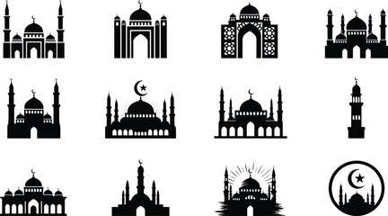 Fototapeta premium Islamic mosque silhouette, minaret icons, crescent moon, dome architecture, spiritual culture, religious building, black vector, geometric design, Islamic art, heritage