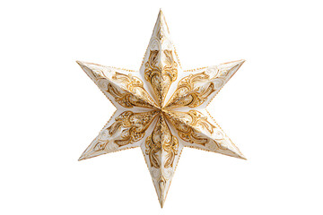Fototapeta premium Ornate white and gold Christmas star decoration, isolated on a transparent background.