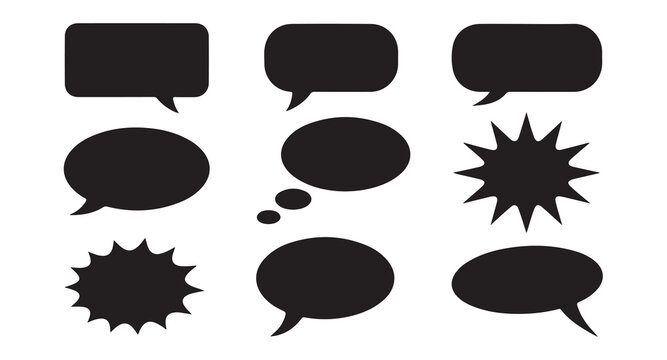 Group of black speech bubbles and thought clouds on white background.