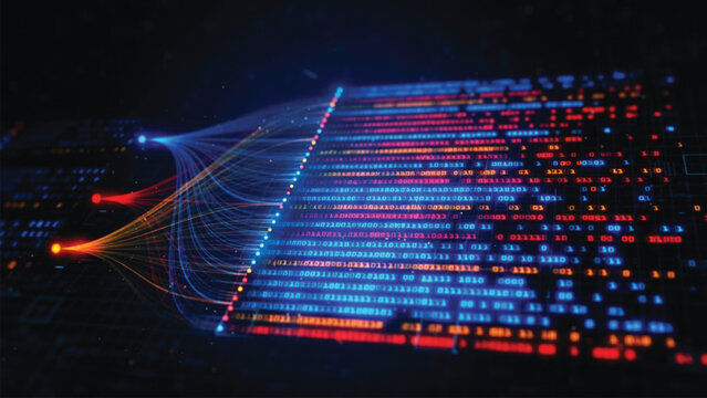 Digital data stream flowing into binary code matrix representing complex information processing and network connectivity in abstract technology visualization for modern computer systems.