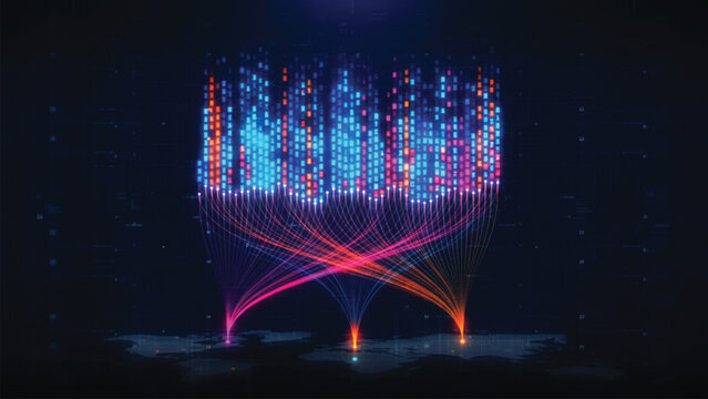 Global network data transmission visualization with glowing fiber optic lines connecting locations on a world map to a centralized binary data cloud for international communication.