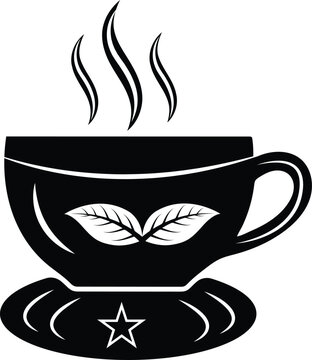 Black and white coffee cup icon with stem and leaves representing herbal tea or organic beverage
