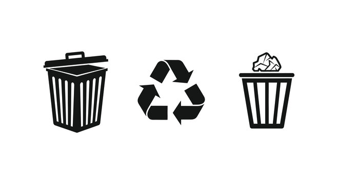 Waste separation icons showing bins for trash recycling and landfill silhouette