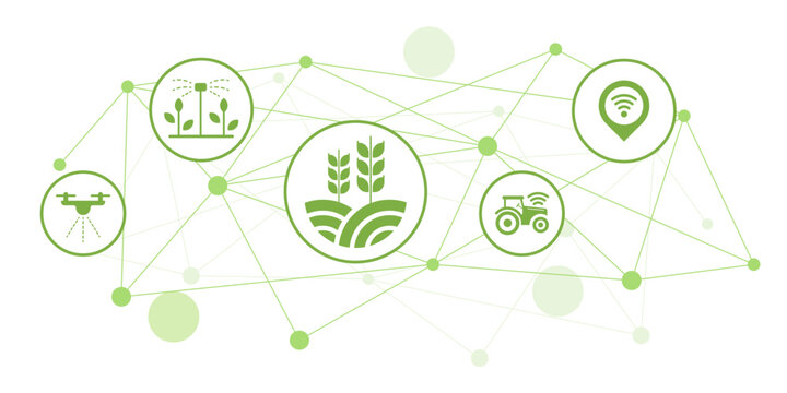 Modern agricultural technology network with icons for smart farming, drone spraying, irrigation, connected tractor, and location services on a white background.