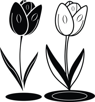 Black and white tulip flower silhouette icons featuring detailed petals and leaves isolated on white background
