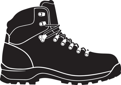 Black hiking boot, trekking shoe, outdoor footwear, vector icon