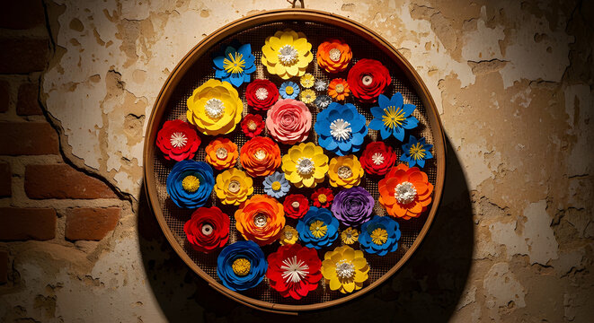 Traditional Brazilian Sieve Decorated with Colorful Paper Flowers on Brick Wall