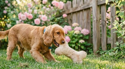 Obraz premium Golden cocker spaniel walking with bone through flower garden