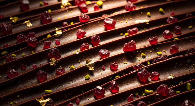 Gourmet dark chocolate ganache texture topped with ruby red crystals, pistachios and gold leaf