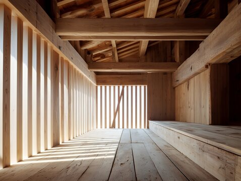 木造建築の梁と格子から差し込む光が美しい和風住宅のロフトのような室内空間