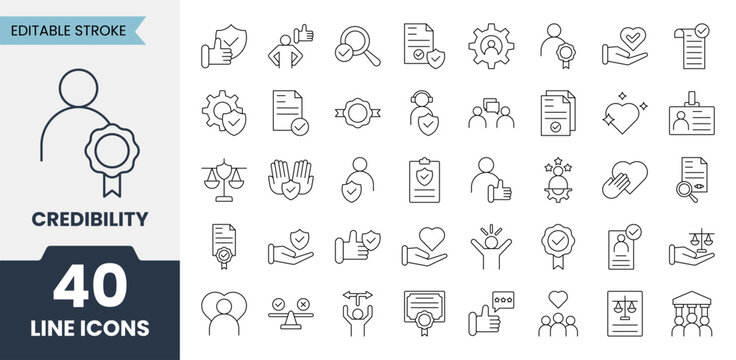 Credibility line icons set with editable stroke. Containing trust, integrity, commitment, reliable, authentic, reputation, commitment, regard and more. Vector illustration
