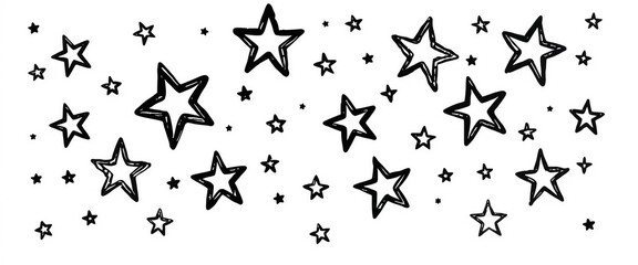 Fototapeta premium Hand drawn black doodle stars pattern isolated on white background, playful minimal design