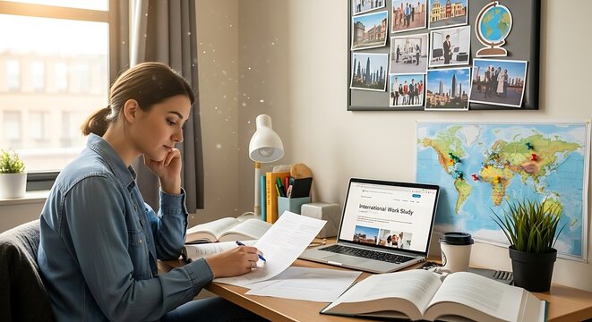 Student Studying with Analyzing Documents, Laptop, and Study Abroad Wall Decor.