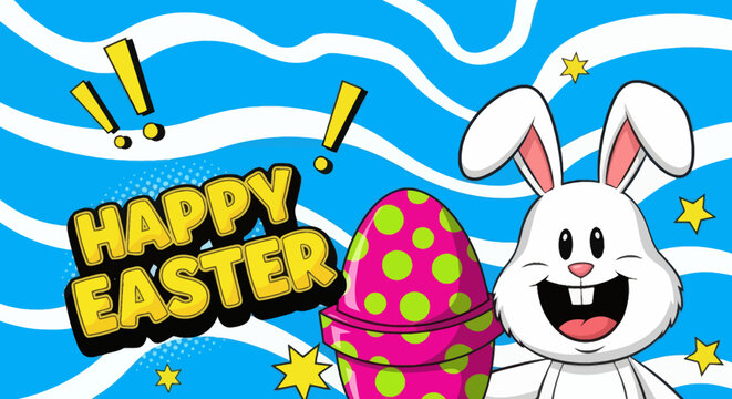 Bright and playful Easter holiday illustration in a fun pop art style, showcasing a delightful cartoon rabbit and a vibrant patterned egg