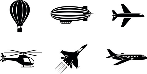Black and White Air Transport Icons Set with Hot Air Balloon, Zeppelin, Helicopter, Jet, and Airplane for Travel and Aviation Projects © MdMojnu