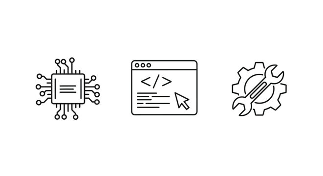 Technology icons depicting coding chips and mechanics silhouette