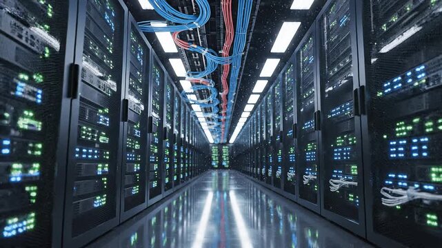 Modern Data Center With Rows of Network Server Racks and Blue Cooling Cables in Cloud Computing Facility