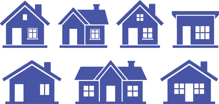 Black and white vector graphic illustration of various house designs