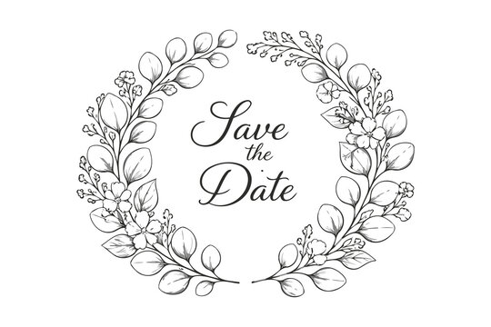 Elegant floral wreath design with save the date message in cursive script Vector