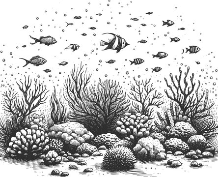 an underwater coral reef scene. The artwork features diverse coral formations including branching, rounded, and sponge-like structures vector svg