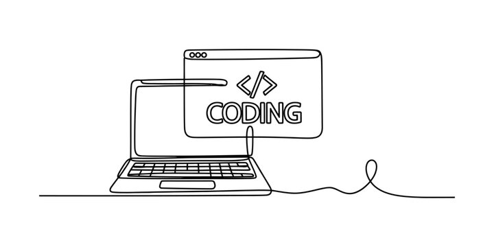 A single continuous line drawing of a laptop computer with an open browser window for coding task. Vector, illustration