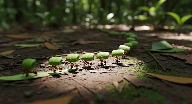 A line of small green frogs hop across a forest floor covered in leaves and twigs.