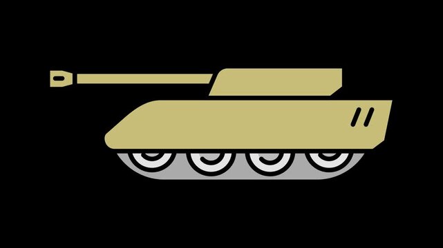 Seamless loop animation of a beige military tank with a moving cannon barrel. 4K army armored vehicle on alpha channel transparent background for desert combat and warfare visuals