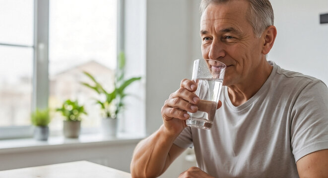 Smiling senior man drinking glass of clear water at home, emphasizing hydration for seniors. Healthy older adult enjoys refreshing drink for proper fluid intake.