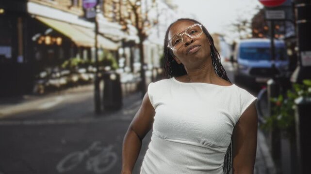 Young african american woman points finger down with hand on a city street cafe scene, wearing glasses and white dress; confidence empowerment.