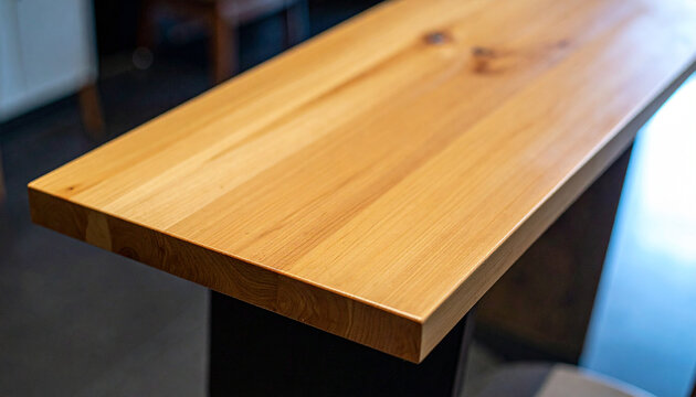 Close-up of a smooth light wood countertop edge with dark base table desk