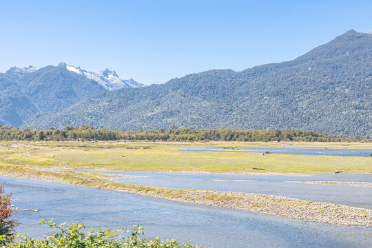 Hornopir&eacute;n, Chile - March 20, 2026: Hornopir&eacute;n waterfront, with a view of Mount Anay and Mount Antu Rayen, in Chilean Patagonia.