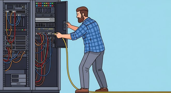 Bearded man connecting cable in server rack