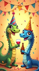 Naklejka premium Cute Cartoon Dinosaurs Party with Wine and Beer Celebration Graphic
