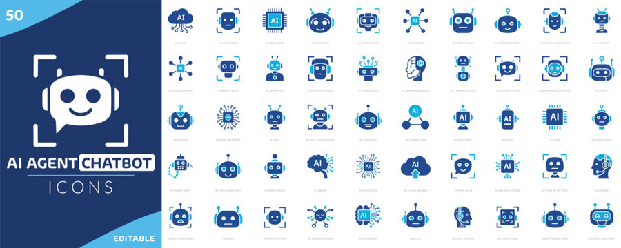 Ai Agent icon set. featuring artificial Intelligence, machine learning, neural networks, automation, chatbots, and futuristic technology, agent search, conversational ai, humanoid agent, machine learn