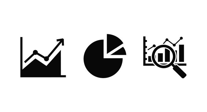 Data analysis icons featuring charts and graphs in black silhouette