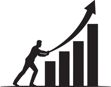 A silhouette of a person pushing a growing bar graph upwards symbolizing progress and achievement