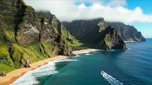 Aerial view of a white motorboat cruising along the dramatic Na Pali Coast cliffs with lush greenery and sandy beach, Hawaii, drone shot