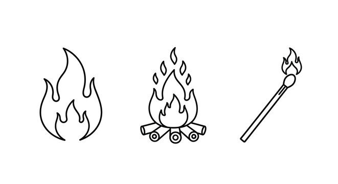 Three fire illustrations flame campfire and lit match silhouette