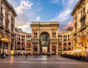 Fototapeta premium Ornate arched walkway with glass ceiling, bustling with people, evening sky