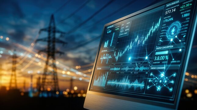 Showcasing energy consumption and market trends, a high-tech power grid interface presents data analysis and price graphs.