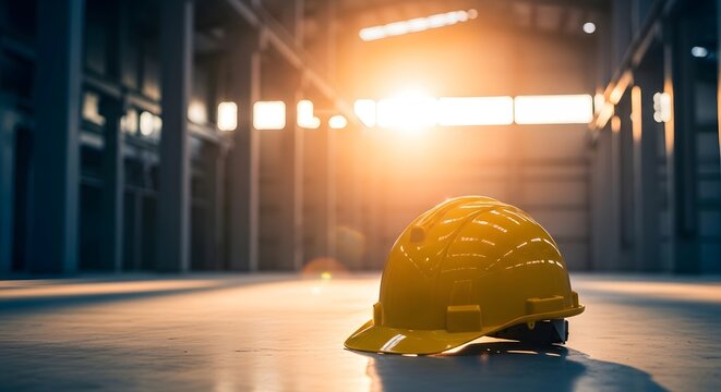 Yellow hard hat sitting on a concrete floor in a large industrial warehouse with bright sunlight shining through